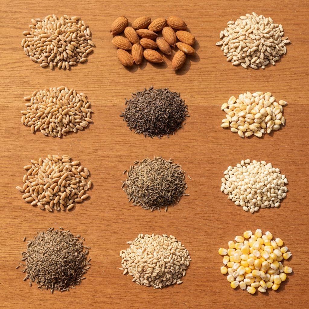 Whole grains and nuts on wooden surface